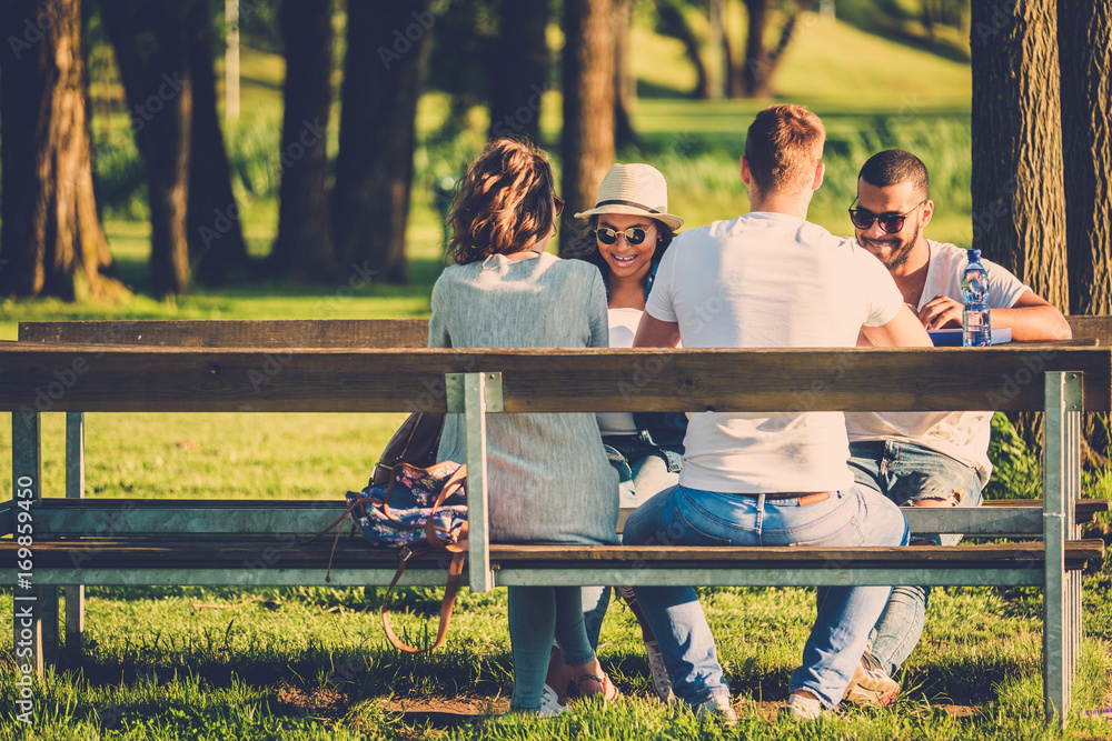Multi-ethnic group of friends chatting in a park Multi-ethnic group of friends chatting in a park