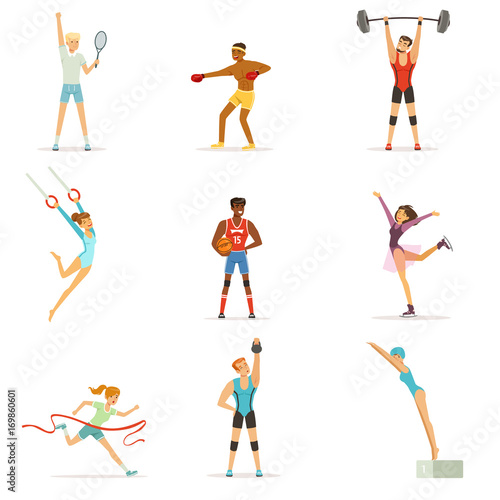 Athletic people doing various kinds of sports, people in gym, sports equipment colorful vector Illustrations