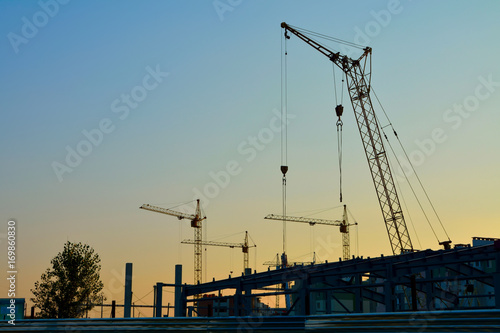 Silhouettes of tower cranes on the background of the sunset