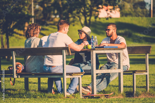 Multi-ethnic group of friends chatting in a park