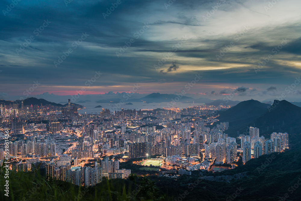 Top view from The kowloon peak, sunset onver Kowloon and Hong kong sky.