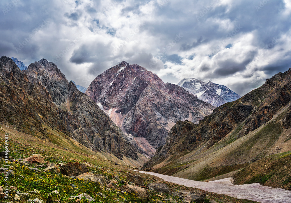 Landscape of beautiful high Fan mountains in Tajikistan