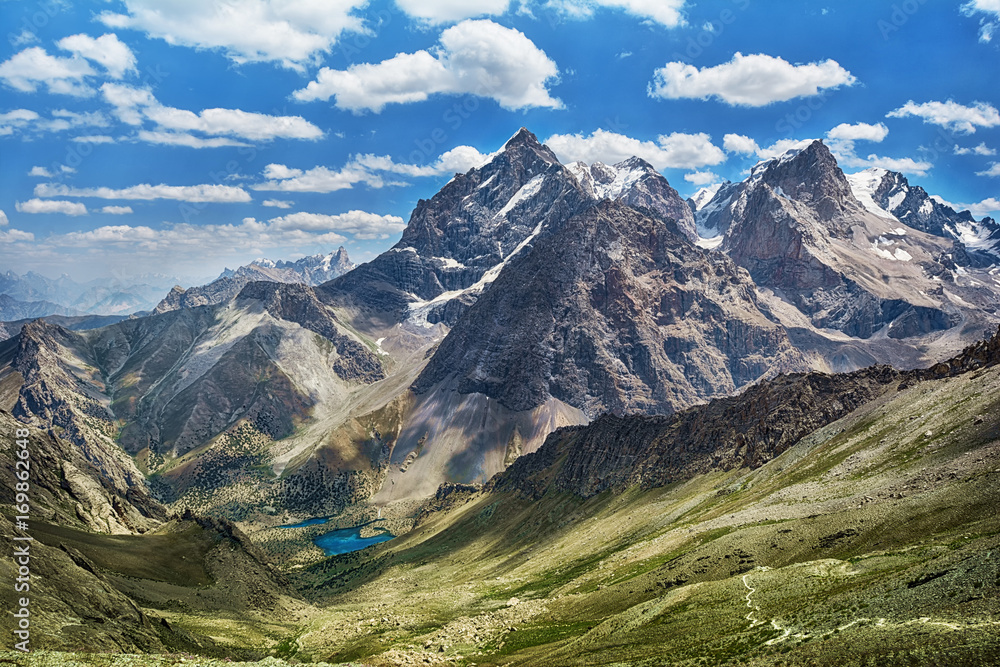 Landscape of beautiful high Fan mountains and Alaudin?lakes in Tajikistan