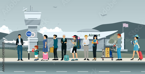 Many passengers are waiting for a taxi in front of the airport.