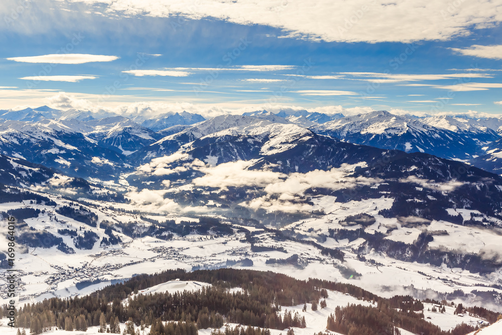 View from  the top of the mountain Hohe Salve. Ski resort  Soll, Westendorf. Tyrol, Austria.