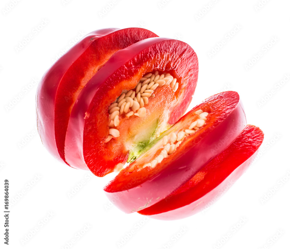 Red sweet chopped round pepper, isolated on white background Red sweet chopped round pepper, isolated on white background