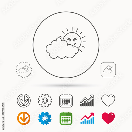 Cloudy day with sun icon. Overcast weather sign.