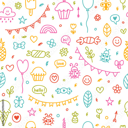 Background for cute little boys and girls. Hand drawn children drawings color seamless pattern. Doodle children drawings. Sketch