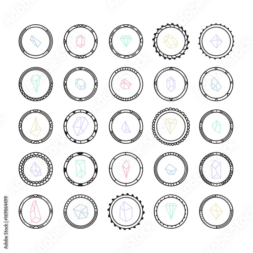 Ethnic set with hand drawn frames and crystals. Decorative design elements. Romantic boho style