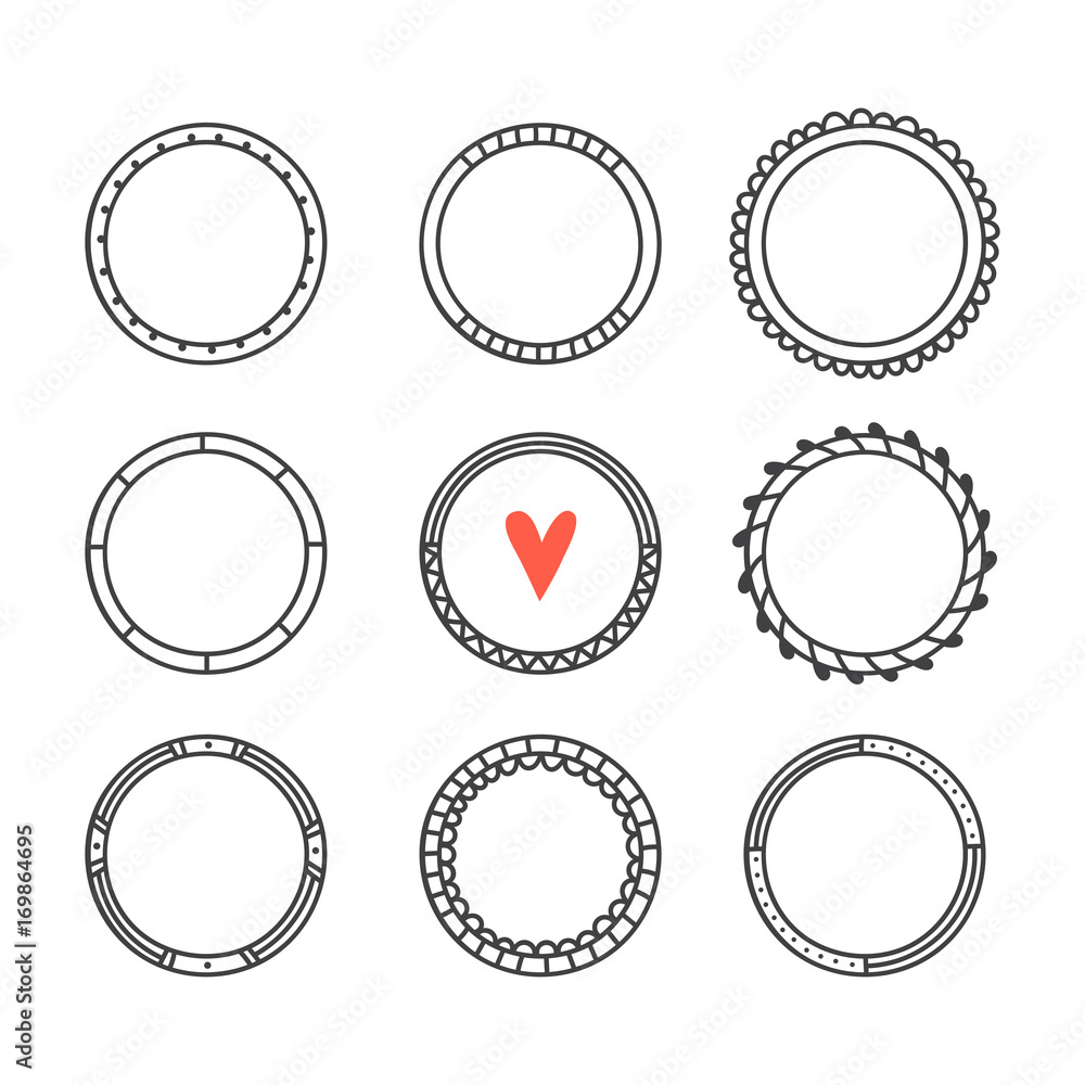 Romantic collection with hand drawn round frames. Cute circle wreaths. Design elements