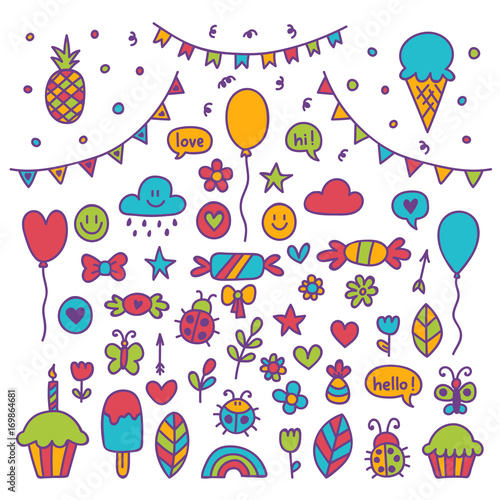 Hand drawn party set of celebration objects. Doodle children drawings