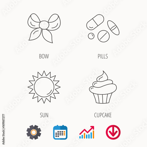 Medical pills, sun and bow-knot icons.