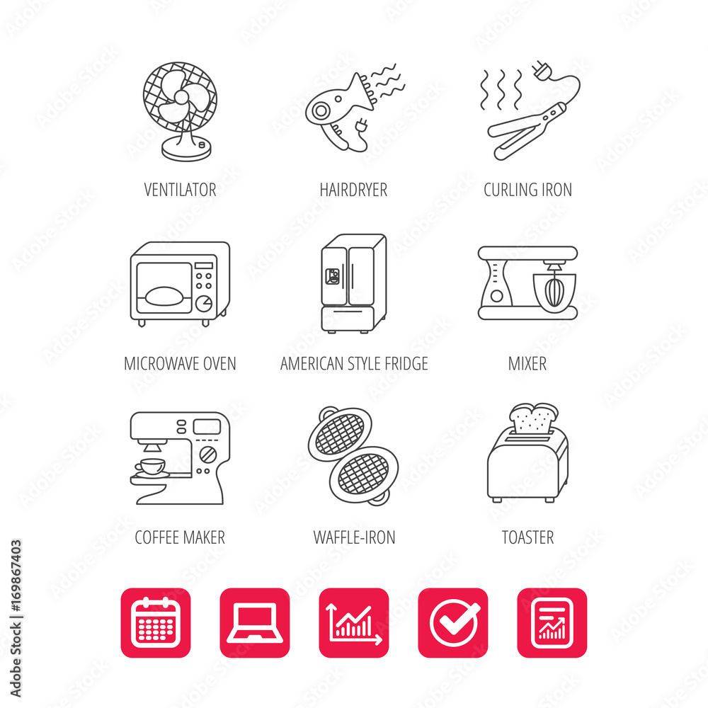 Microwave oven, hair dryer and blender icons.