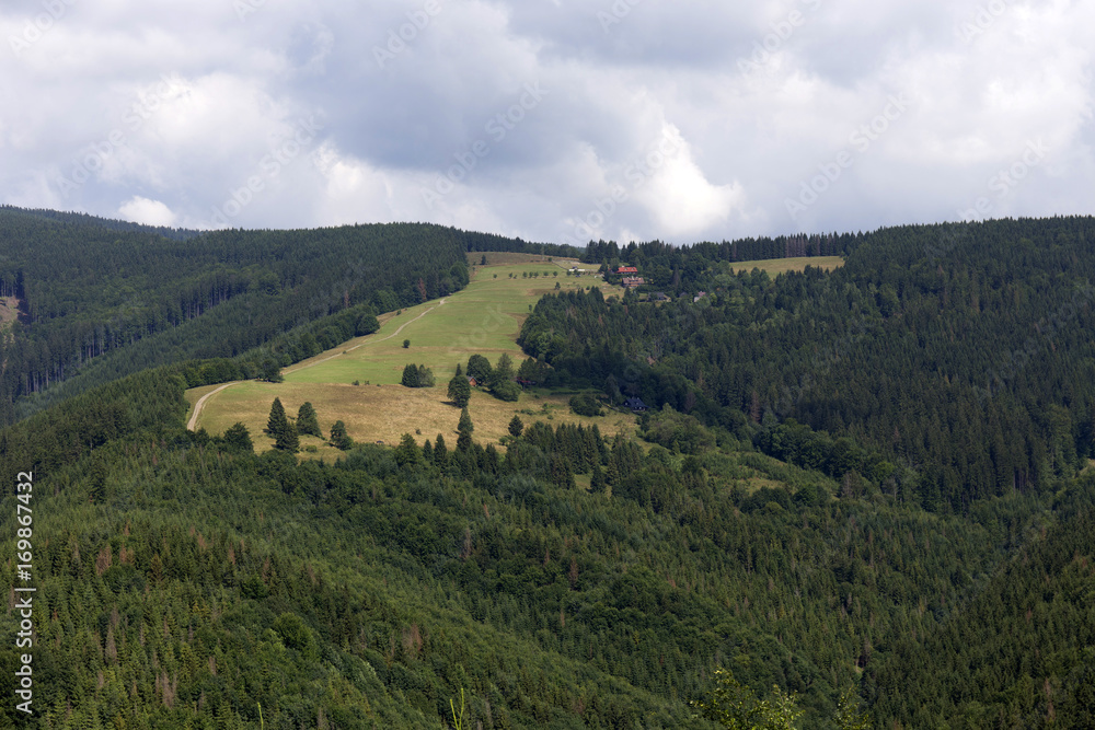 Clear green Countryside from the summer Mountains Beskydy in north east Bohemia, Czech Republic