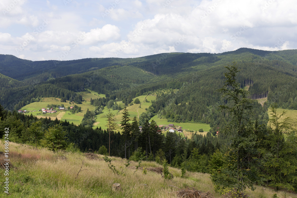 Clear green Countryside from the summer Mountains Beskydy in north east Bohemia, Czech Republic