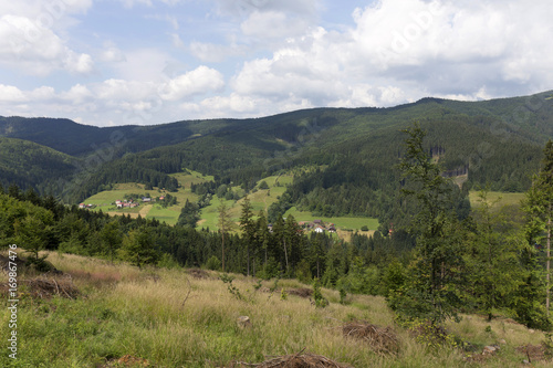 Clear green Countryside from the summer Mountains Beskydy in north east Bohemia  Czech Republic
