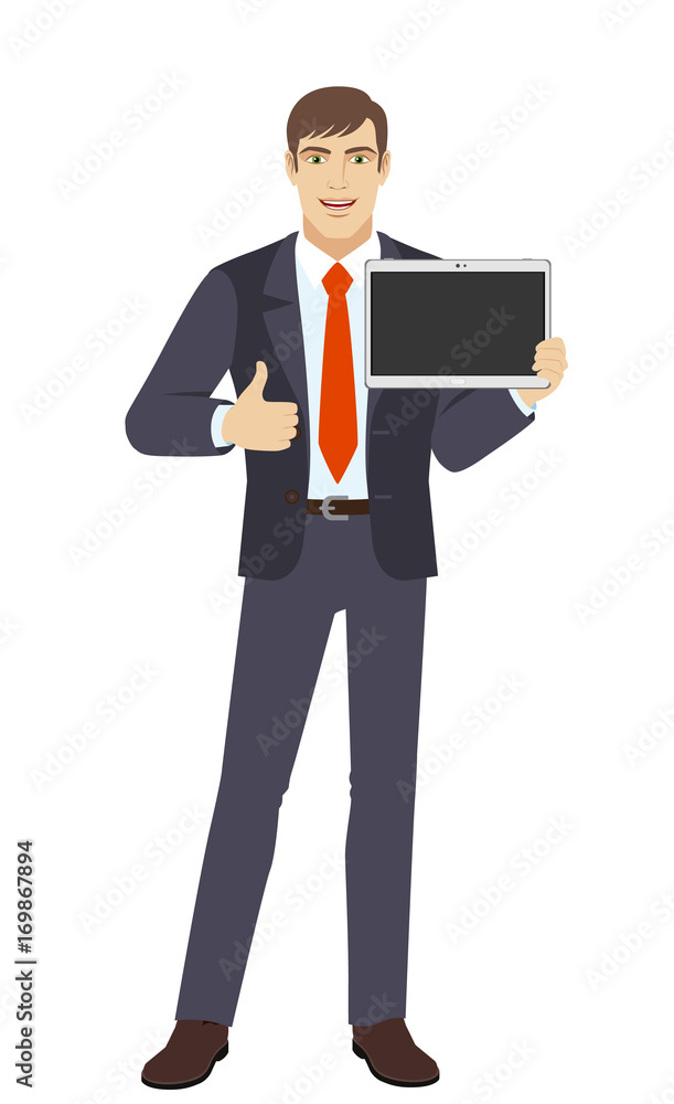 Businessman showing blank digital tablet PC and showing thumb Businessman showing blank digital tablet PC and showing thumb