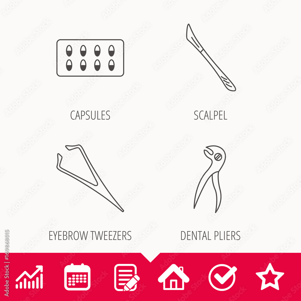 Scalpel, capsules and dental pliers icons. Scalpel, capsules and dental pliers icons.