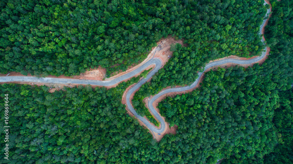 Fototapeta premium Roads in dark green forest on the mountain