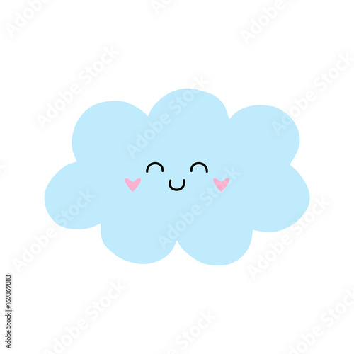 Cute cloud vector illustration drawing. Light blue cartoon cloud with cute face, print or icon. Isolated on white background.