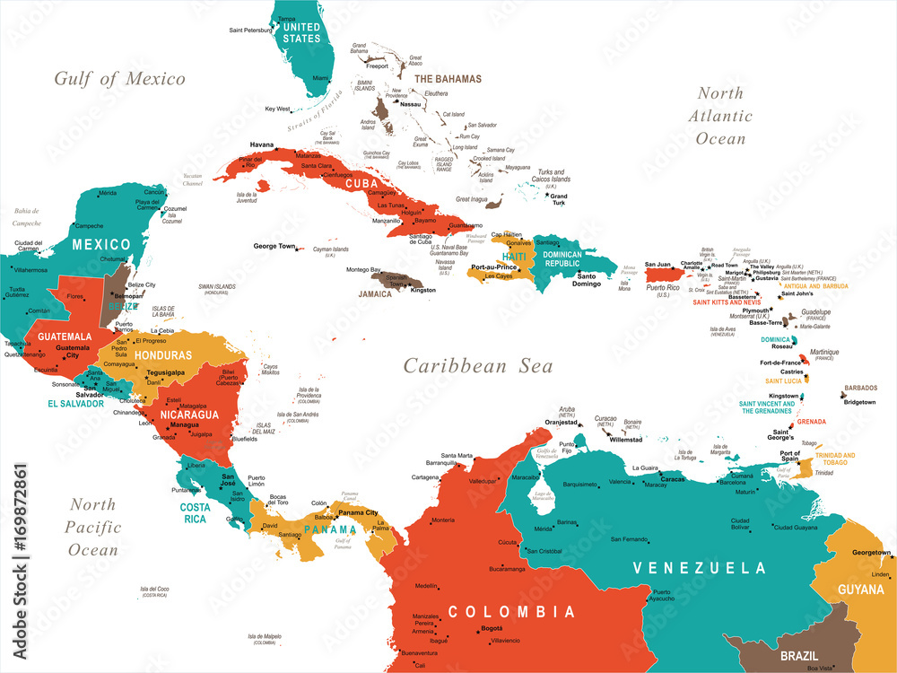Obraz premium Mapa Ameryki Środkowej - ilustracji wektorowych