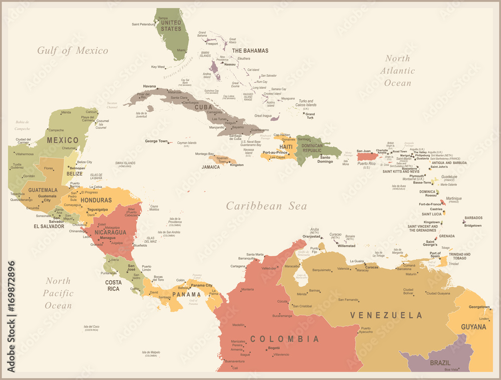 Fototapeta premium Mapa Ameryki Środkowej - Vintage ilustracji wektorowych