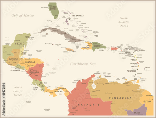 Central America Map - Vintage Vector Illustration
