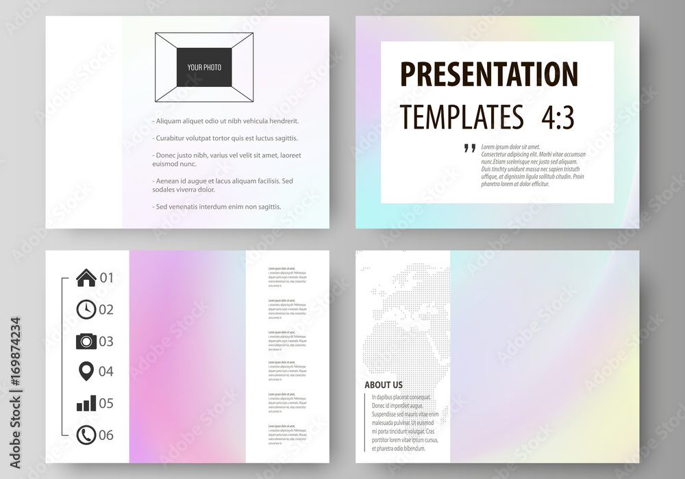Business templates for presentation slides. Abstract vector layouts in flat design. Hologram, background in pastel colors with holographic effect. Blurred colorful pattern, futuristic surreal texture.