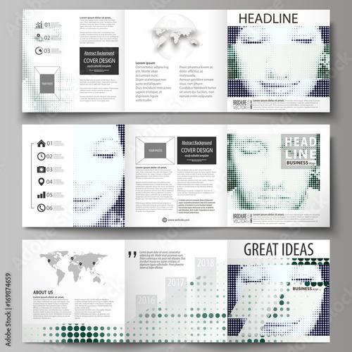 Business templates for tri fold square design brochures. Leaflet cover, vector layout. Halftone dotted background, retro style grungy pattern, vintage texture. Halftone effect with black dots on white