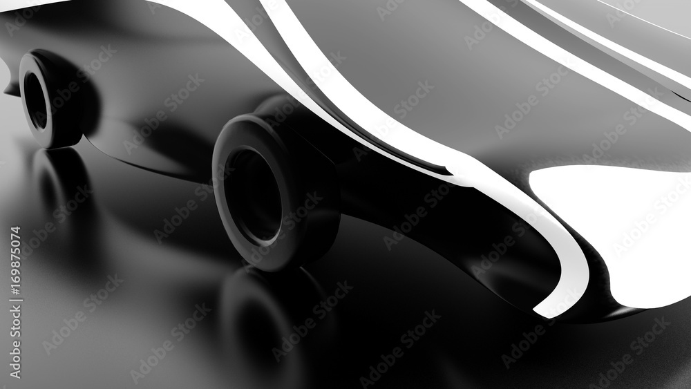 Black futuristic, fantastic background with a sports car. 3d illustration, 3d rendering.