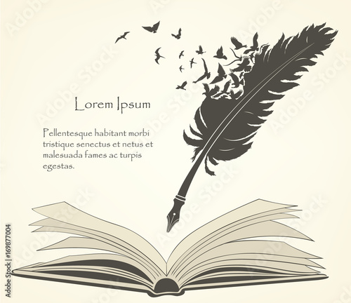 old feather with flying birds and open book