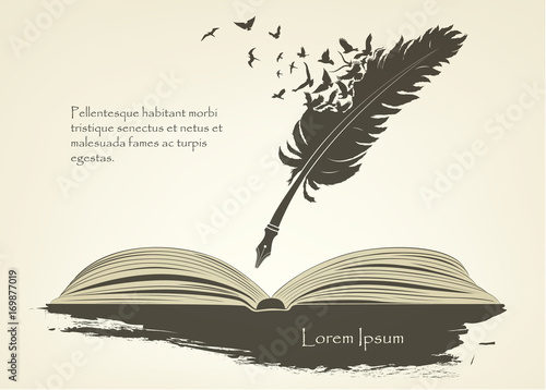 feather with flying birds and open book photo