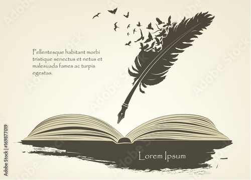 feather with flying birds and open book