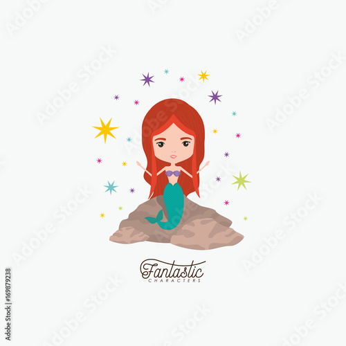 mermaid fantastic character in a rock with colorful sparks and stars on white background