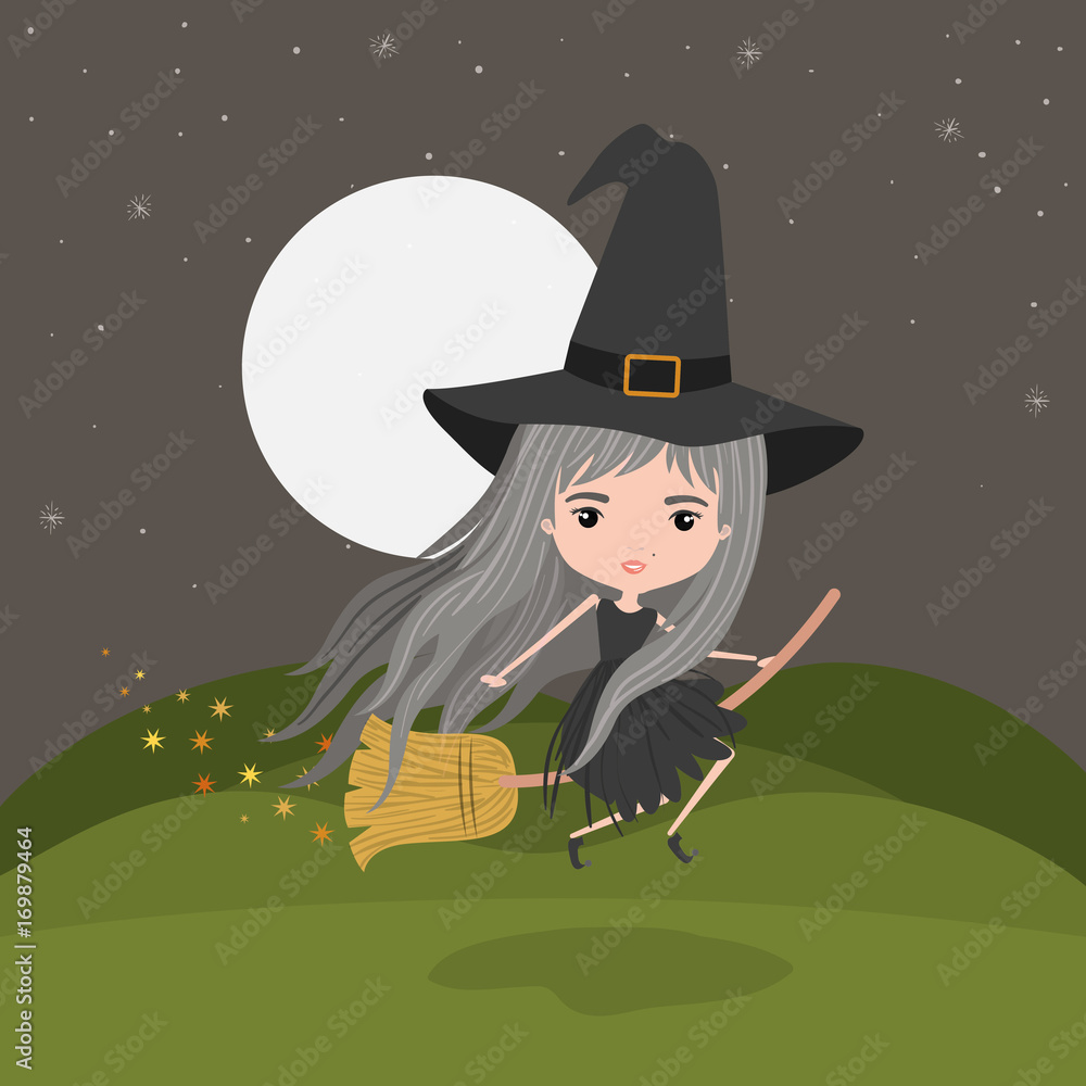 cute witch fantastic character flying with broom in mountain night landscape background