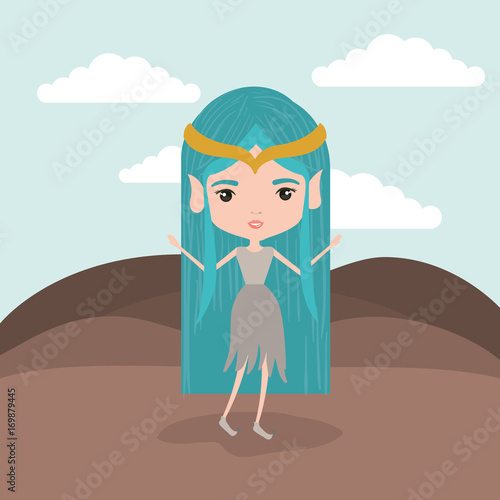 elf princess fantastic character in rock mountain landscape background