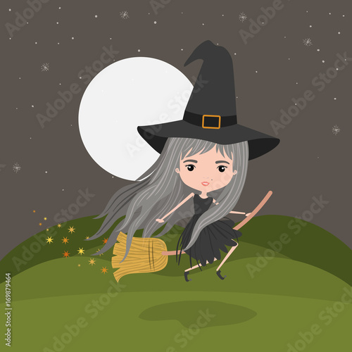 cute witch fantastic character flying with broom in mountain night landscape background