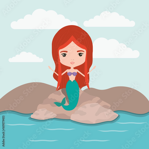 mermaid fantastic character in a rock sea landscape background