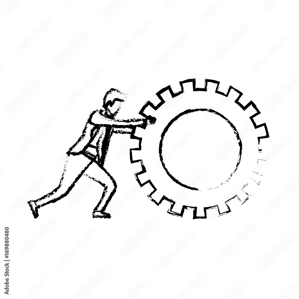 Fototapeta premium businessman pushing a big gear cogwheel silhouette blurred monochrome