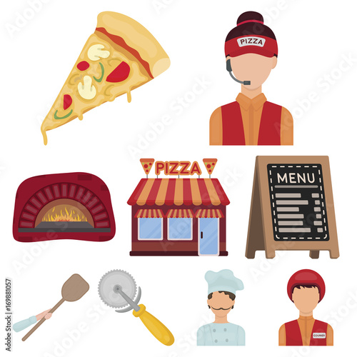 Pizza and pizzeria set icons in cartoon style. Big collection of pizza and pizzeria vector symbol stock illustration