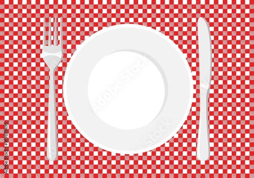 White plate on a checkered tablecloth