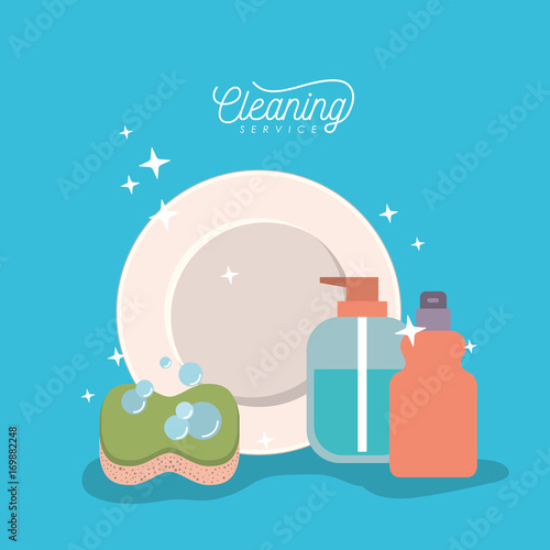 dish and elements cleaning service on color background