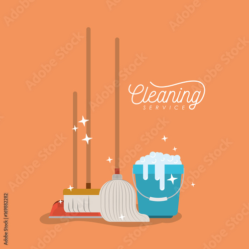bucket with soap foam and elements cleaning service on color background