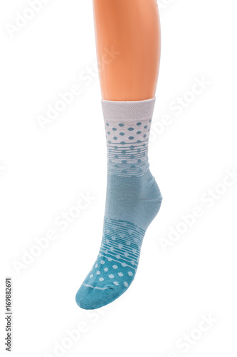 women's socks on the leg isolated on white background