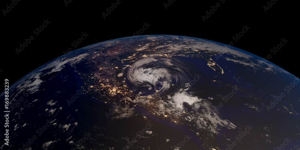 Extremely detailed and realistic high resolution 3D illustration of a hurricane approaching Texas at night. Shot from Space. Elements of this image are furnished by Nasa.