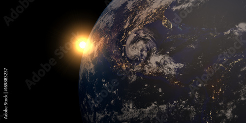 Fototapeta Naklejka Na Ścianę i Meble -  Extremely detailed and realistic high resolution 3D illustration of a hurricane approaching Texas at night. Shot from Space. Elements of this image are furnished by Nasa.