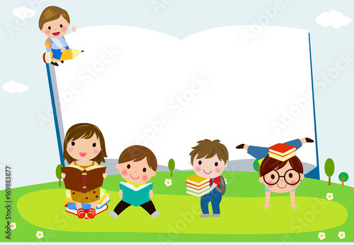 Group of happy children with books