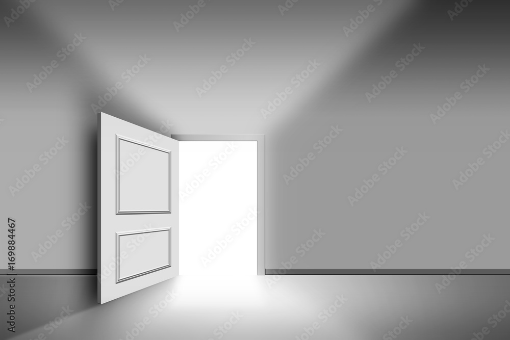 Opened door with bright light on empty white wall background Opened door with bright light on empty white wall background