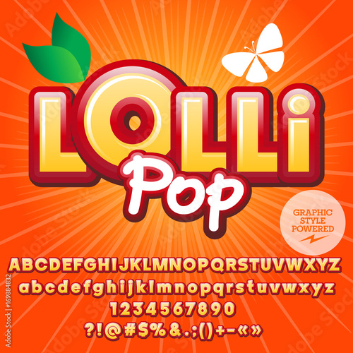 Bright vector alphabet set. Font with text LolliPop. Contains graphic style.