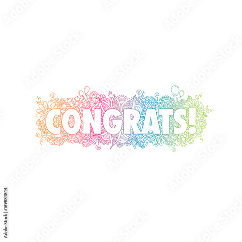 Congratulations doodle vector illustration with the word congrats! surrounded by swirls, flowers, mandalas, balloons and curls.